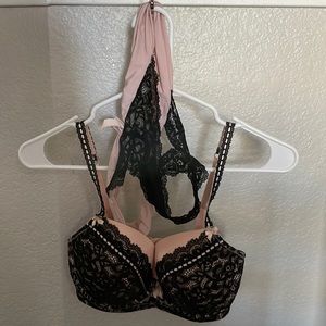 32DDD/S, Adore Me, pink/black lace underwire bra & panties